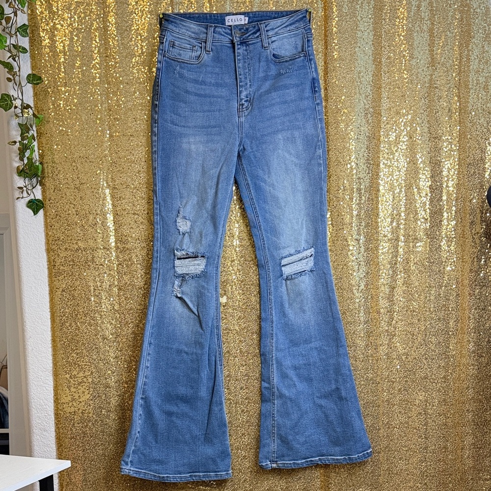 Cello Medium Blue High-Rise Flare Jeans with Knee Distress